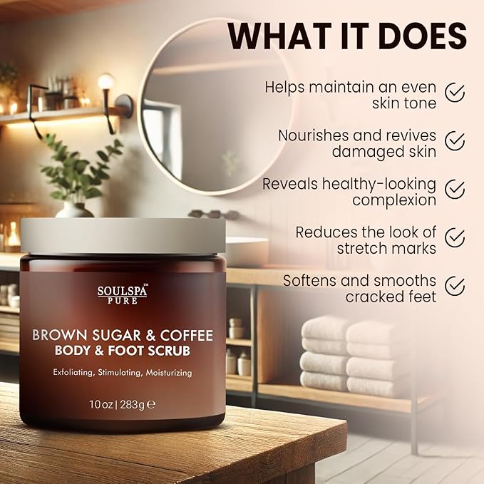 Brown Sugar and Coffee Foot & Body Scrub - Energizing Brown Sugar & Moisturizing Coffee Scrub Body Exfoliator for All Skin Types - Hydrating Exfoliating Spa Treatment - 10 oz