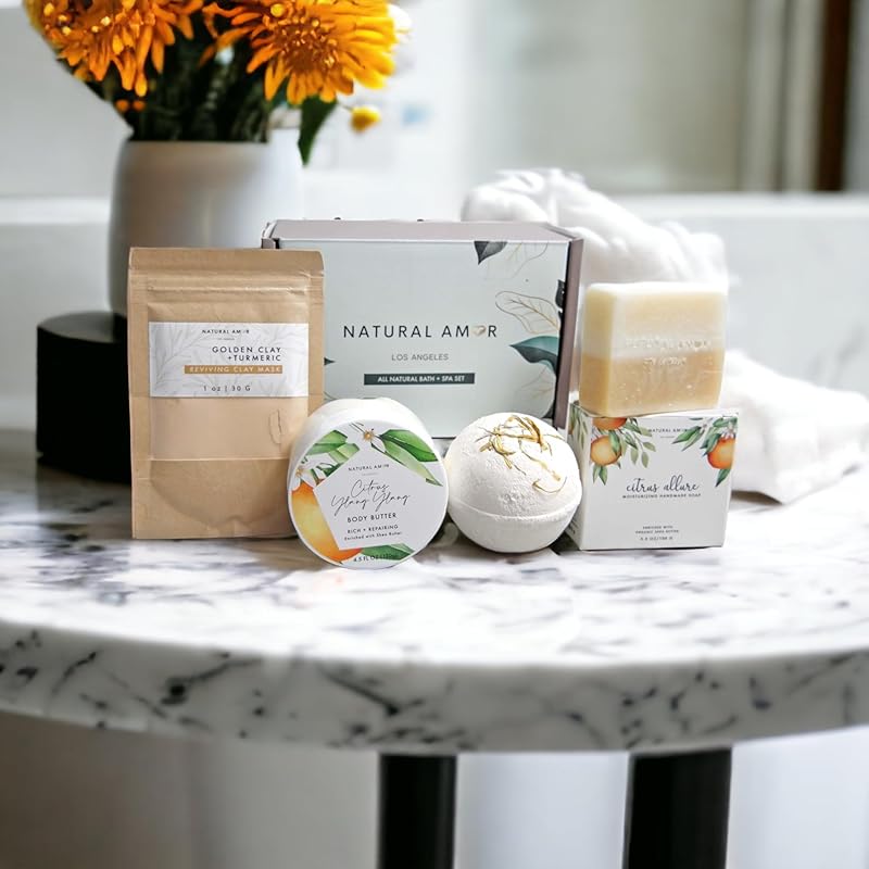 Natural Amor Citrus Handmade Bath Body Gift Set,4pcs Self Care Gift for Women,Includes Soap Bar, Bath Bomb, Clay Mask, Body Butter- Thank you Gift for Pampering