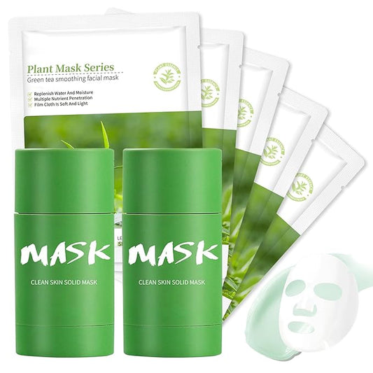 5PCS Green Tea Face Sheet Masks Set, 2PCS Oil Control Long Lasting Moisturizing Blackhead Remover Facial Mask Clay Stick, Deep Pore Cleansing Face Mask Skin Care for All Skin Types(7PCS)