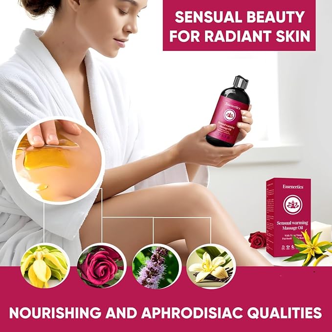 Massage Oil 8 oz - Organic Body Massage Oil with Ylang Ylang, Patchouli & Vanilla Rose - Relaxing Massage Therapy