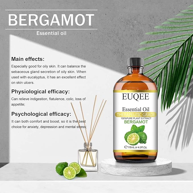 Bergamot Essential Oil 118ml Pure Bergamot Oil for Aromatherapy, Diffuser, Sopa Candle Making, Large Bottle with Gift Box -4 fl.oz
