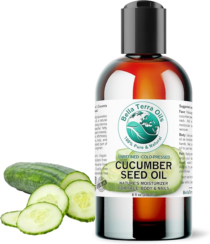 Bella Terra Oils - Cucumber Seed Oil 8 oz - Dive into Cucumber's Nutritional Treasure, Infused with Vitamins & Omega-3, Seamless Addition to Skin Care Arsenal