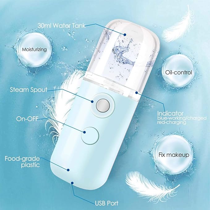 GIVERARE Nano Facial Steamer, Handy Mini Mister, USB Rechargeable Mist Sprayer, 30ml Visual Water Tank Moisturizing&Hydrating for Face, Daily Makeup, Skin Care, Eyelash Extensions-Blue