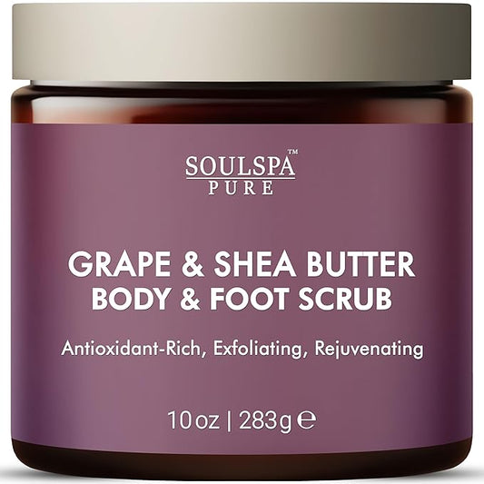 Grape & Shea Butter Body & Foot Scrub - Rejuvenating & Antioxidant Rich Exfoliating Body Scrub for Glowing Skin, 10 oz