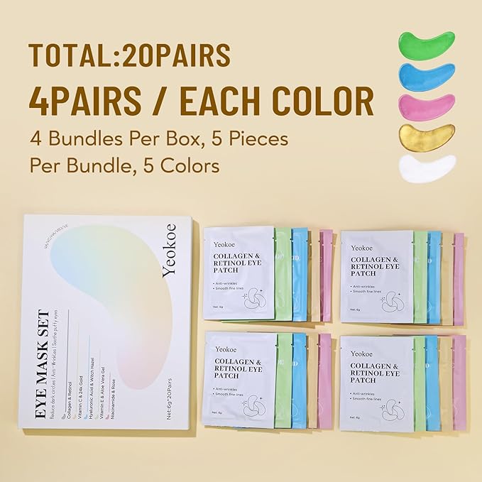 Under Eye Patches for Dark Circles,Eye Mask for Puffy Eyes With Collagen,Retinol,Vitmin C,Hyaluronic Acid and Niacinamide Face Masks Skincare Spa Gifts for Woman 20Pairs