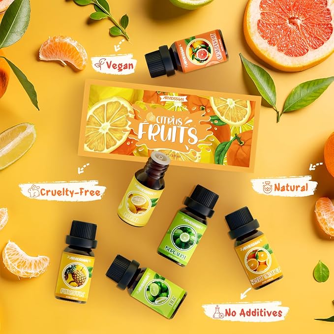 Citrus Essential Oils Set, ARVIDSSON Fresh Fruit Essential Oil for Diffuser, Premium Fragrance Oils, Grapefruit, Bergamot, Sweet Orange, Lemon, Lime, Pineapple, Citrus Scented Oils Gift Set