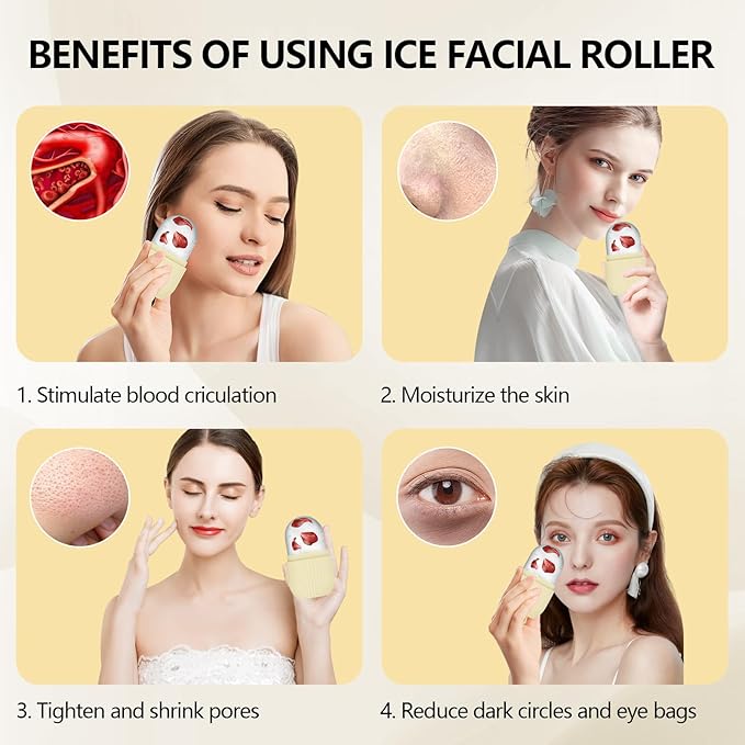 Ice Roller for Face and Eye, Silicone Ice Facial Roller Ice Holder, Face Ice Mold Skin Care, Face Icers Reusable Ice Cube Roller for Shrink Pores Anti Wrinkle Reduce Puffiness, Yellow