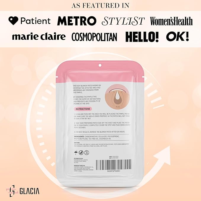Glacia Pimple Patches 72 Pack of Hydrocolloid Skin Patches for All Skin Types β Gentle and Natural Patches for Clear and Smooth Skin