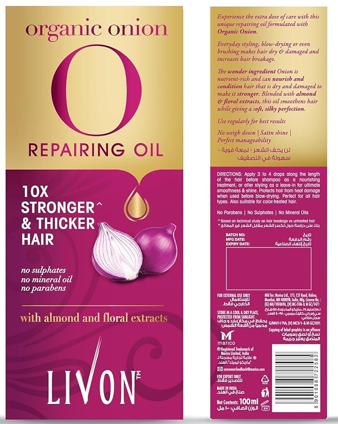 Livon Hair Serum for Men & Women | Sulphate & Paraben free| For All Hair Types | Lightweight & Non Greasy | Organic Onion Repairing Serum Oil | Enriched with Almond & Floral Extracts | 3.3 Fl. oz