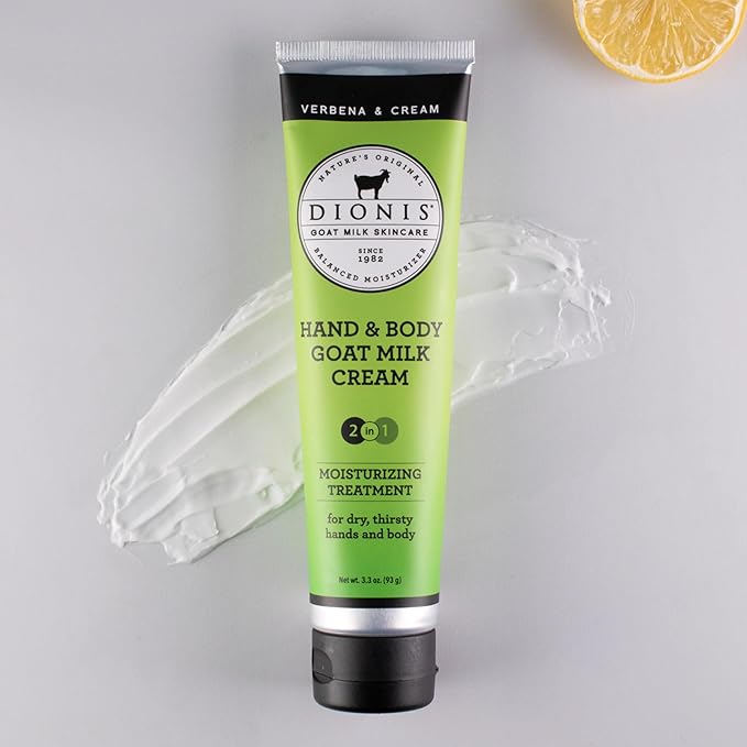 Dionis Goat Milk Skincare Verbena & Cream 8.5oz Hydrating Body Lotion and 3.3oz Hand & Body Moisturizing Travel Size Cream Bundle, Natural Ingredients, Made in the USA, Cruelty Free, Paraben Free