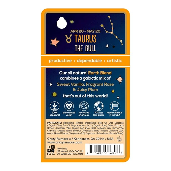Crazy Rumors Taurus Zodiac All Natural, Plant Based Lip Balm to Moisturize and Nourish your Lips - Earth Blend (Sweet Vanilla, Fragrant Rose and Plum)