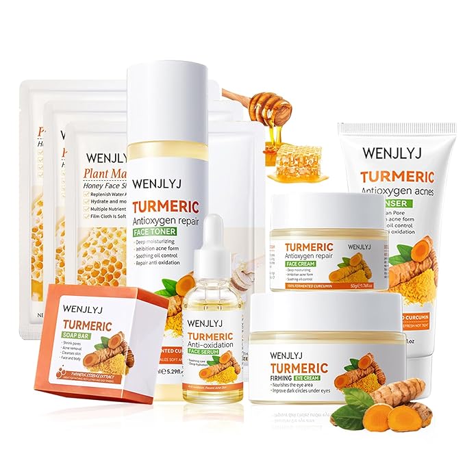 Turmeric Soap Skincare Set with Honey Face Sheets Mask,Hydrating Travel Size Turmeric Face Wash,Moisturizing Face Toner & Face Serum & Face Cream,Eye Cream Skin Care Gift Set for Women(9PCS)