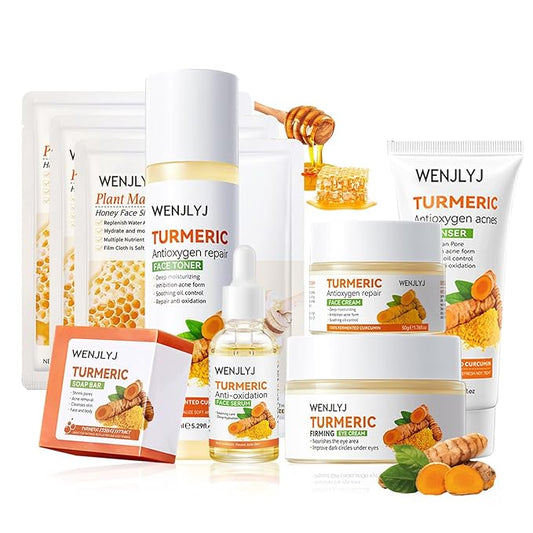 Turmeric Soap Skincare Set with Honey Face Sheets Mask,Hydrating Travel Size Turmeric Face Wash,Moisturizing Face Toner & Face Serum & Face Cream,Eye Cream Skin Care Gift Set for Women(9PCS)