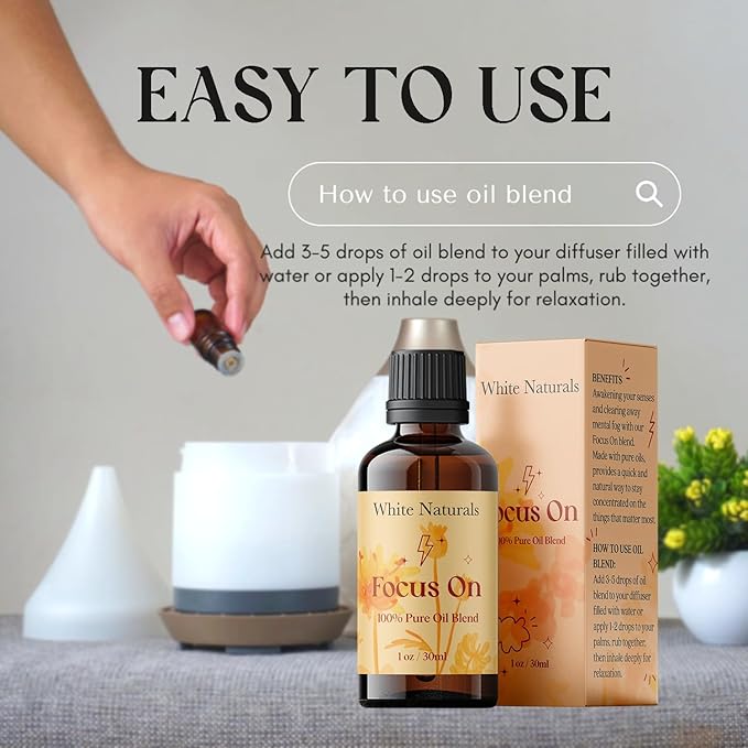 White Naturals Focus On Essential Oil Blend – Refreshing Aromatherapy Oil for Clarity & Attention, 100% Pure & Natural Essential Oils for Productivity, 1oz