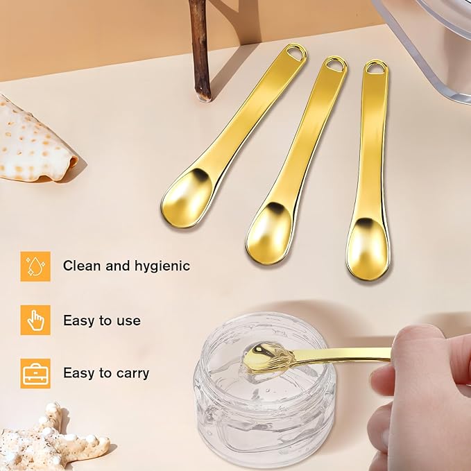 3 Pcs Mini Metal Makeup Spatula Tool, Skincare Spatula, Skin Care Cosmetic Spoon, Metal Cosmetic Spatulas Makeup Applicator Small Scoops Facial Applicator Tool, Reusable Applicator(Gold)