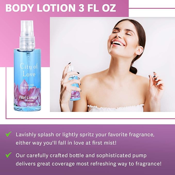 Bath & Body Care Travel Set - Home Spa Set with Body Lotion, Shower Gel and Fragrance Mist, Personal Body Care Travel Set (City of Love)