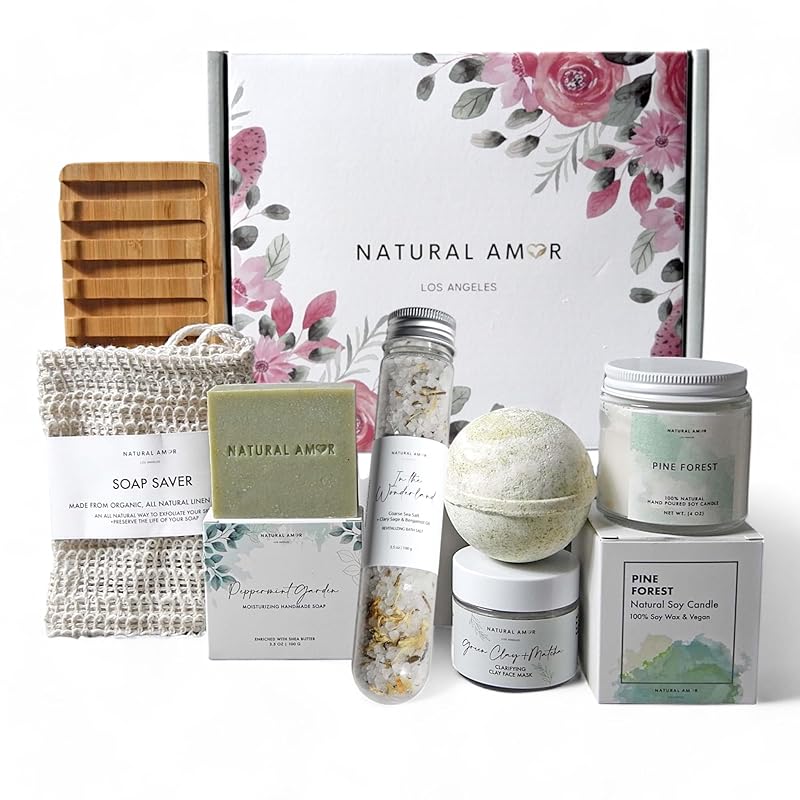 Natural Amor Cozy Spa Gifts for Women and Men,7pcs Self Care Box Including Soap Bar, Candle, Bath Bomb, Bath Salt, Thank You Gift