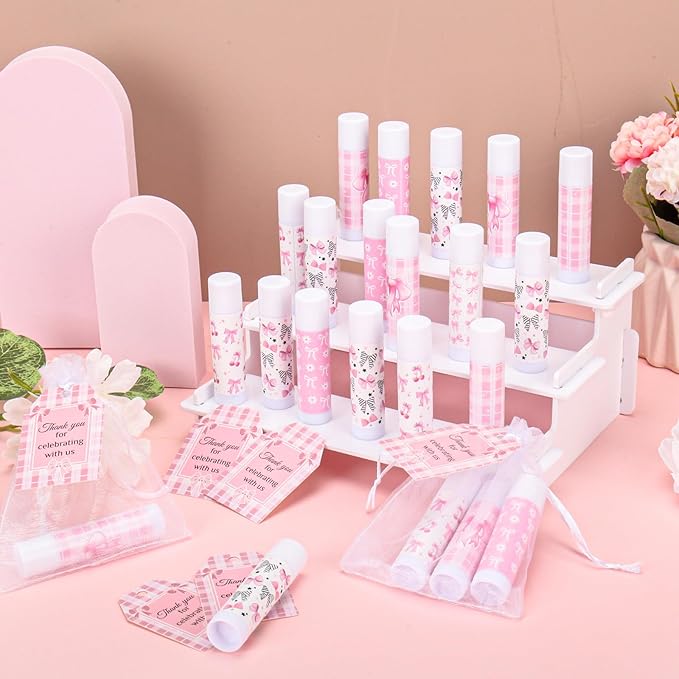 50 Pack Pink Bow Baby Shower Favors Bulk Lip Balm Girls Favors Gifts for Bachelorette Girls Pink Bow Moisturizing Lip Care Pretty lipstick Mother's Day Birthday Party Supplies Decorations(pink bow)