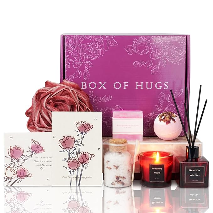 Homemory Gift Women Christmas Bath Sets Body Self Care, Best Spa Birthday Valentine's Day Basket Scented Candle & Reed Diffuser Kit Mom Friends Sister With Rose Card (Red)