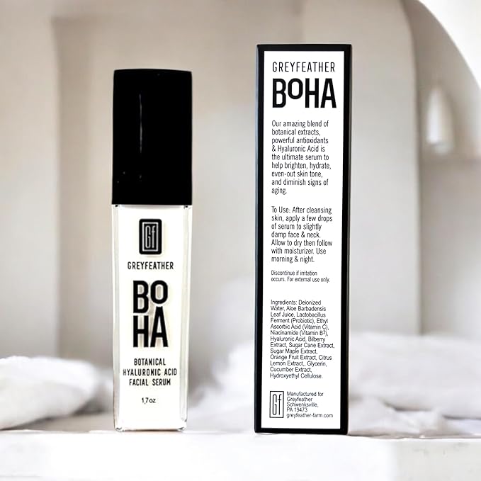 Greyfeather Hyaluronic Acid Serum for Face β Hydrating, Brightening & Anti-Aging Formula with Vitamin C, Niacinamide, Aloe & Botanical Extracts β Natural, Skin-Loving Serum for Radiant Glow (1.7 oz)