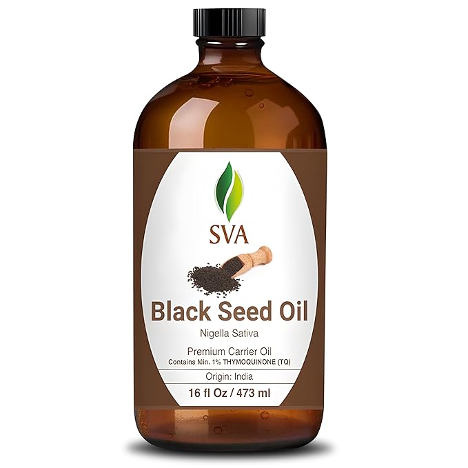 SVA Black Seed Oil - 16 Fl Oz – 100% Natural Cold Pressed Black Seed Oil - for Face, Skin Care, Hair Care, Scalp Massage & Body Massage – Carrier Oil