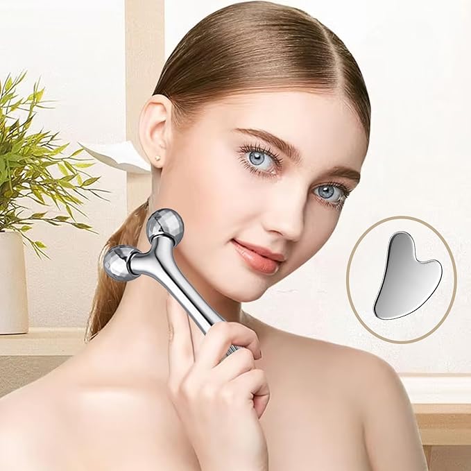 Face Massager, Metal Zinc Alloy Face Roller Massage Tool Stainless Steel Large Heart Gua Sha Scraping Board Facial Skin Tools Set for Women Face Neck Eye Body Skin Care