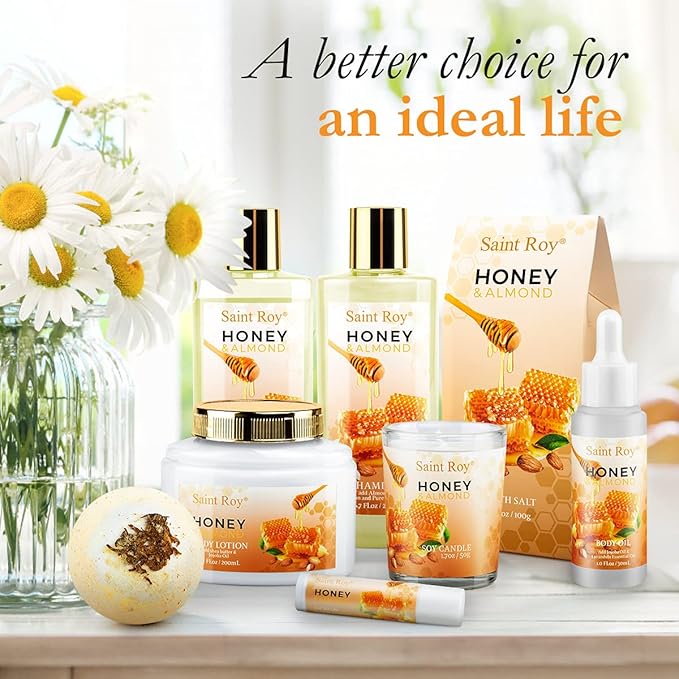 Bath spa Gifts for Her Spa Gift Basket, Honey Almond Spa Basket Bath and Body Set with Bath Bomb, Jojoba Oil & Lip Balm, Birthday Holiday Home Spa Gifts for Women & Men Fathers Day Mother day