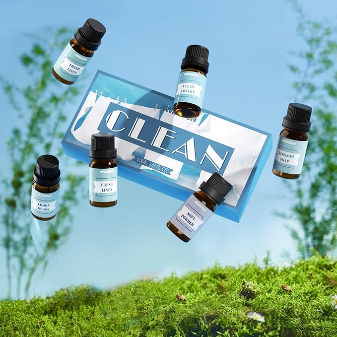 Clean Essential Oils Set, ARVIDSSON Natural Fragrance Oil for Diffuser, Soap Making - Clean Cotton, Fresh Linen, Lemongrass, Soft Powder, Blossom Soap
