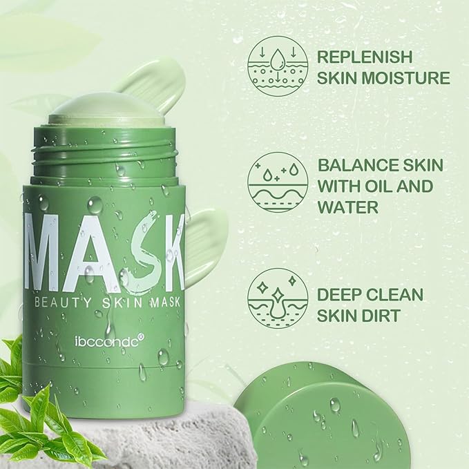 Green Tea Clay Stick, Clay Mask for Face with Green Tea Extract, Green Tea Mask Stick, Green Tea Deep Cleanse Mask, Deep Pore Cleansing, Moisturizing for Men and Women, All Skin Types (2 PCS)
