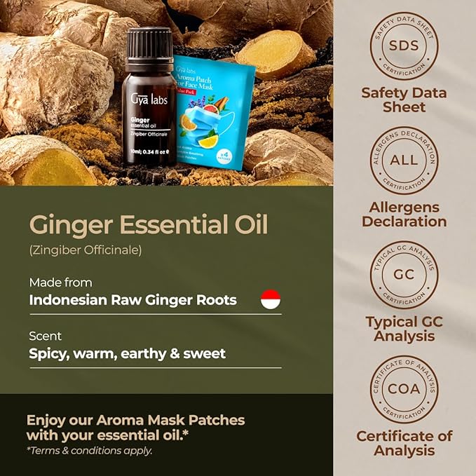 Gya Labs Ginger Essential Oil - 0.34 Fl Oz - Ginger Oil for Massage, Diffuser, Hair, Skin, Body & Candle Making - Warming & Spicy Scent