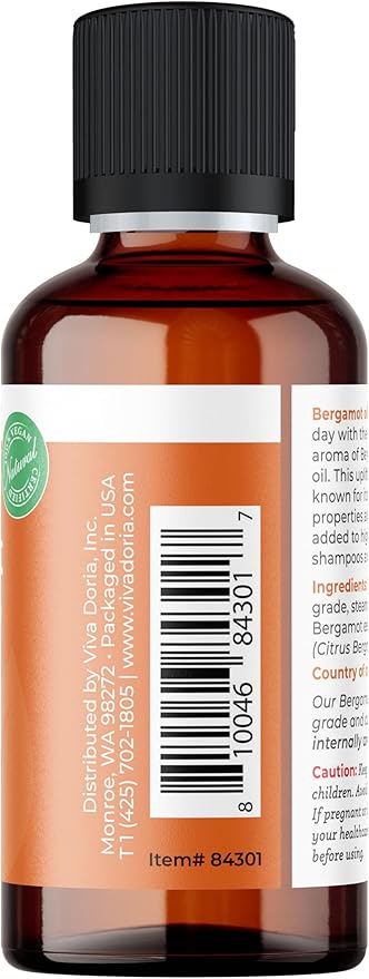 Viva Doria 100% Pure Bergamot Essential Oil, Undiluted, Food Grade, Italian Bergamot Oil, 1 Fluid Ounce (30 mL) Natural Aromatherapy Oil