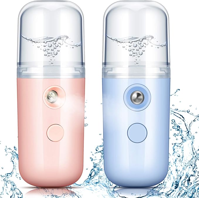 Honoson 2 Pieces Nano Facial Mister 30 ml Mini Face Humidifier Portable Facial Sprayer USB Rechargeable Handy Skin Care Machine for Face Hydrating, Daily Makeup (Light Pink and Blue)