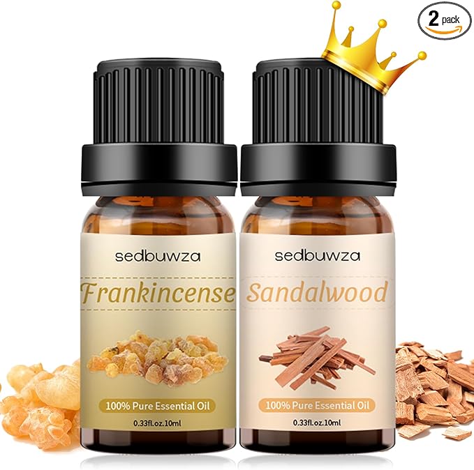Sedbuwza Sandalwood Frankincense Essential Oil Set, Sandalwood Fragrance Oil Frankincense Scent Oil Set for Diffuser, Aromatherapy, Massage, Soap, Candle Making 2 x 10 ml