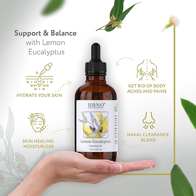HBNO Lemon Eucalyptus Essential Oil - Huge 4 oz (120ml) Value Size - Natural Lemon Eucalyptus Oil - Perfect for Cleaning, Aromatherapy, DIY, Soap & Diffuser - Lemon Eucalyptus Essential Oil