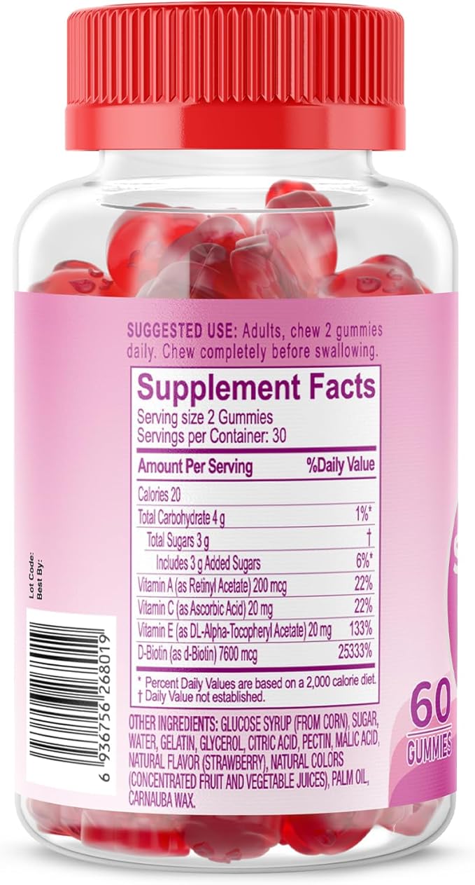 Natural Hair Skin and Nails Vitamins Gummies, 7600mcg Biotin Gummies with Vitamins A C E for Women Men Beauty Support Supplement, GMO Free, Gluten Free (Strawberry Flavor, 60 Count)