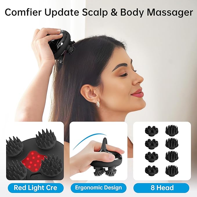 COMFIER Head Massager,Scalp Massage Hair Growth with 3 kneading Modes,Waterproof Body Massager for Stress Relief, Cat Massage(Black)