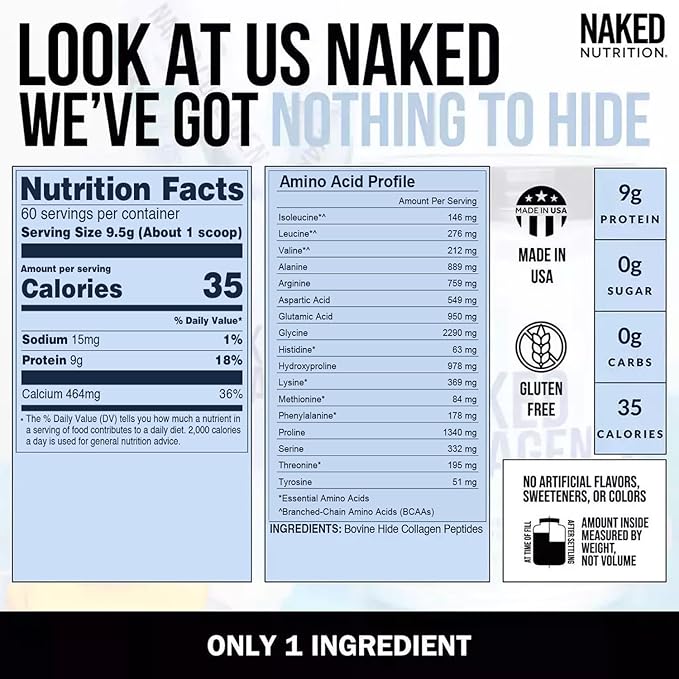 NAKED Collagen Peptides Protein Powder, 60 Servings, Pasture-Raised, Unflavored Grass-Fed Hydrolyzed Collagen Supplement, Paleo Friendly, Non-GMO, Keto, Gluten Free, 20oz