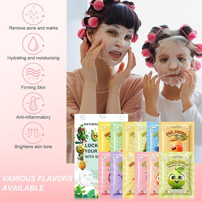 12 PCS Fruit Face Masks Skincare for Kids, Spa Party Facial Mask Set, Moisturize Sheet Masks Skin Care, Christmas Birthday Gifts for Women Girls, Hydrate and Soothe for All Skin Types (12Pcs-Set01)