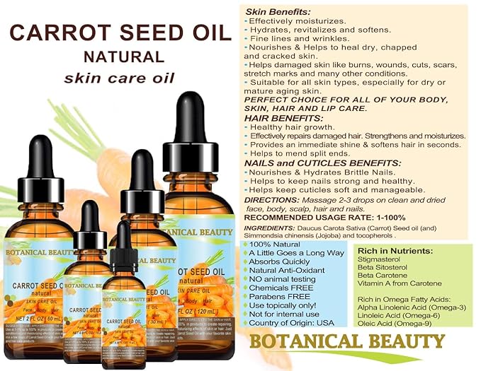 CARROT SEED OIL 100 % Natural Cold Pressed Carrier Oil. 0.33 Fl.oz.- 10 ml. Skin, Body, Hair and Lip Care. "One of the best oils to rejuvenate and regenerate skin tissues.” by Botanical Beauty