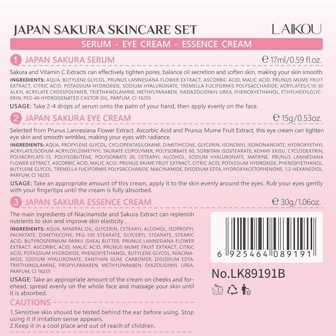 Skin Care Set JAPAN SAKURA Beauty Gift Sets Skin Care Kit with Serum, Eye Cream, Face Cream Travel Kit for Women Wife Mom Teen Girls TSA-friendly Sizes Christmas Gift 3pcs