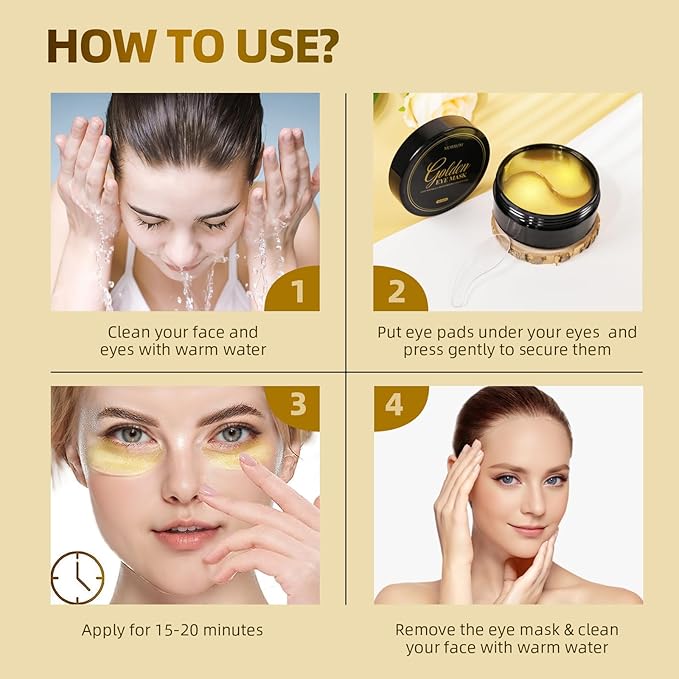 Brightening Eye Masks, Hydrating Eye Masks W/Caffeine Hydrolyzed Collagen & Centella Asiatica- Under Eye Patches For Dark Circles - Minimize Puffiness (Gold - Gold collagen)