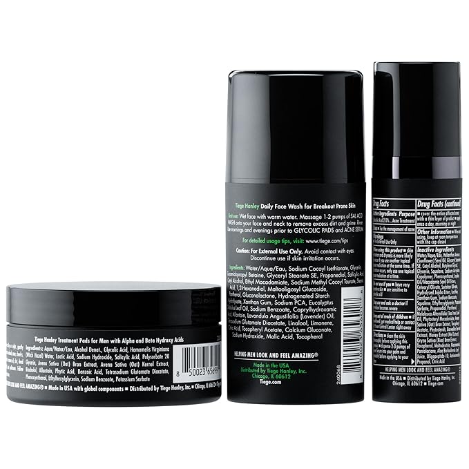 Tiege Hanley Men's Acne Treatment System (Level 1), TiegeClear Acne Essentials Routine for Smooth & Hydrated Skin - Includes Sal Acid Wash, Glycolic Acid Pads, and Acne Serum - All Skin Types