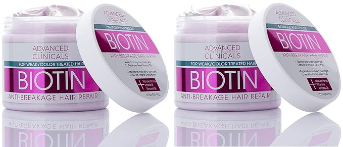 Advanced Clinicals Biotin Hair Treatment Anti-Breakage Repair Hair Mask. Strengthen Broken, Color-Treated Hair W/Repairing Deep Conditioner Manuka Honey & Caffeine To Restore Weak Hair, (Pack Of 2)