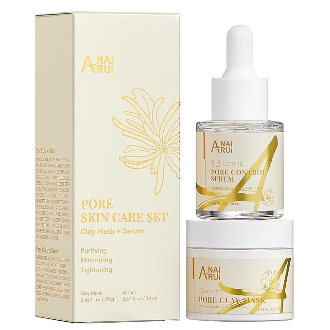 ANAI RUI 2 in-1 Pore SkinCare Set, Pore Clay Mask+Pore Minimizing Serum,Volcanic Pore Clay Mask for Nose&Face, Pore Reducer, Sebum Control Pore Exfoliating Solution, Skincare for Women