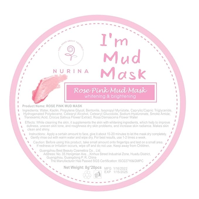 NURINA Pink Rose Clay Masks for Face Hydrating Anti-Aging Face Masks - Single Use Mud Mask – 20pcs/Bucket (ROSE PINK MUD MASK)
