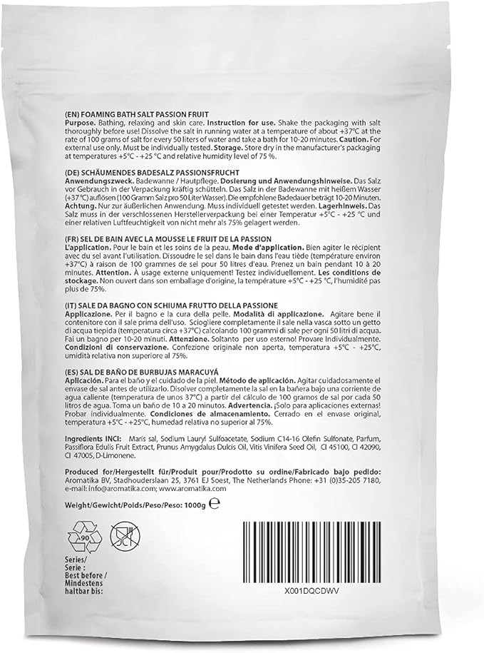 Foaming Bath Sea Salt Passion Fruit 35 Oz (1000g) Bubble Bath Salts with Almond & Grape Seed Essential Oil & Passion Fruit Extract for Bath Soak - Relaxing Bath - Aromatherapy Bath Salts