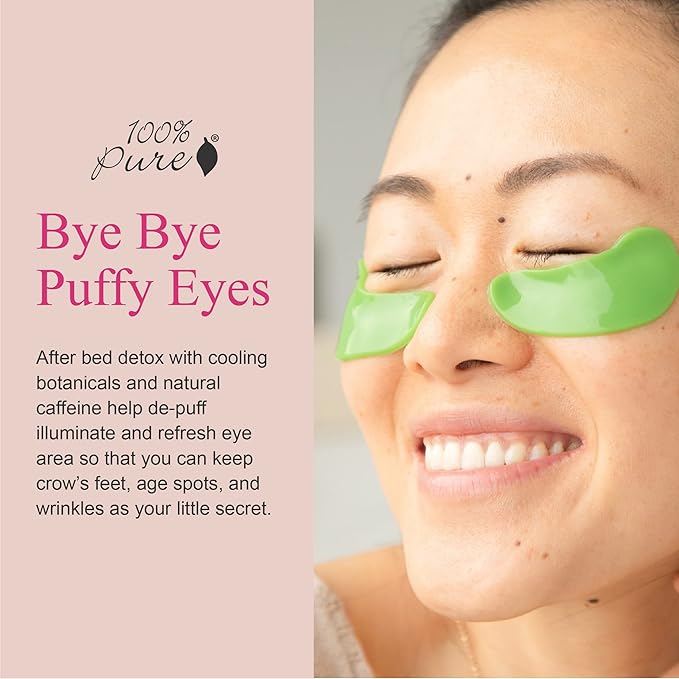 100% PURE Bright Eyes Masks Under Eye Skincare Wrinkle Smoothing Replenishment Diminish Dark Circles, Puffiness - Hydrating & Moisturizing Patches For Tired Eyes & Morning Bags - Vegan - 1 Pack