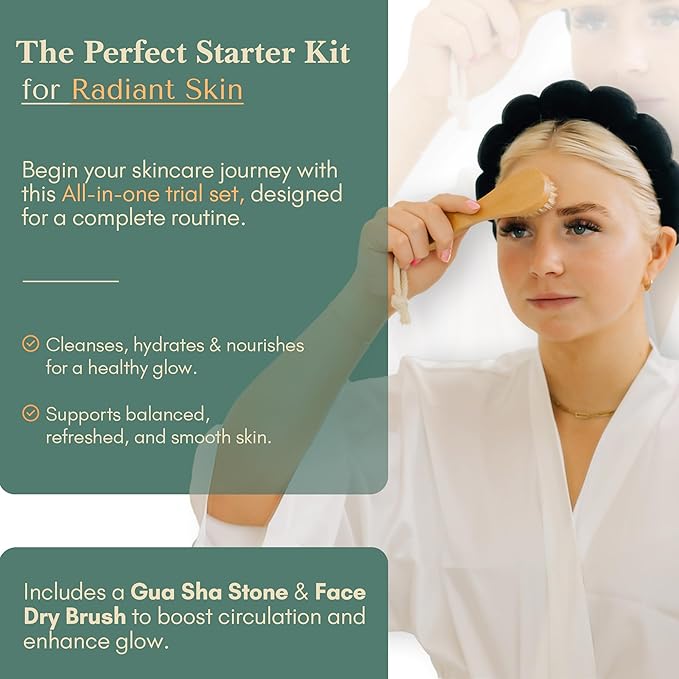 Healing Happy Method – Natural Skincare Trial Kit | 15ml Cleanser, Toner & Moisturizer + Face Brush & Gua Sha | Compact Facial Gift Set for Travel & Self-Care