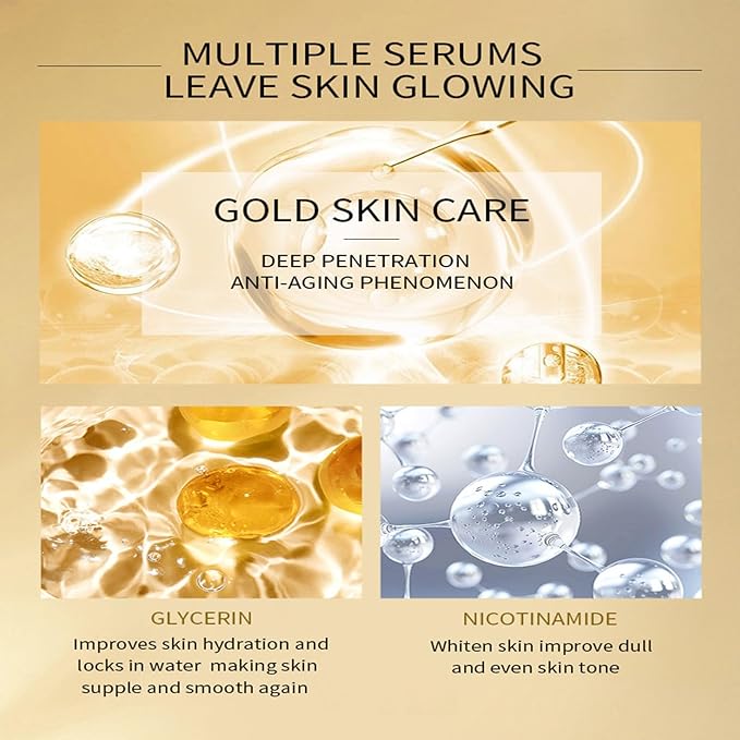 24K Gold Serum for Face, 2Pack Skin Tone Even Anti Aging Moisturizer with Vitamin,Skin Care Glow Collagen Booster Serum Hyaluronic Acid for Dark Spots & Fine Lines, 2.02fl oz