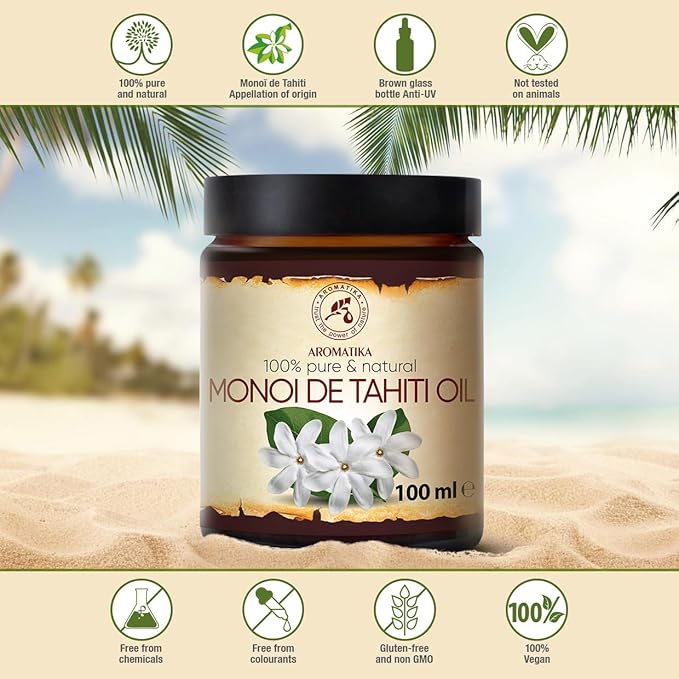 AROMATIKA Monoi de Tahiti Carrier Oil 3.4 Fl Oz - Pure Cold Pressed Monoi Base Oil - Cocos Nucifera - Gardenia Tahitensis - Unrefined Carrier Oil for Essential Oils - Face & Body Care - Massage